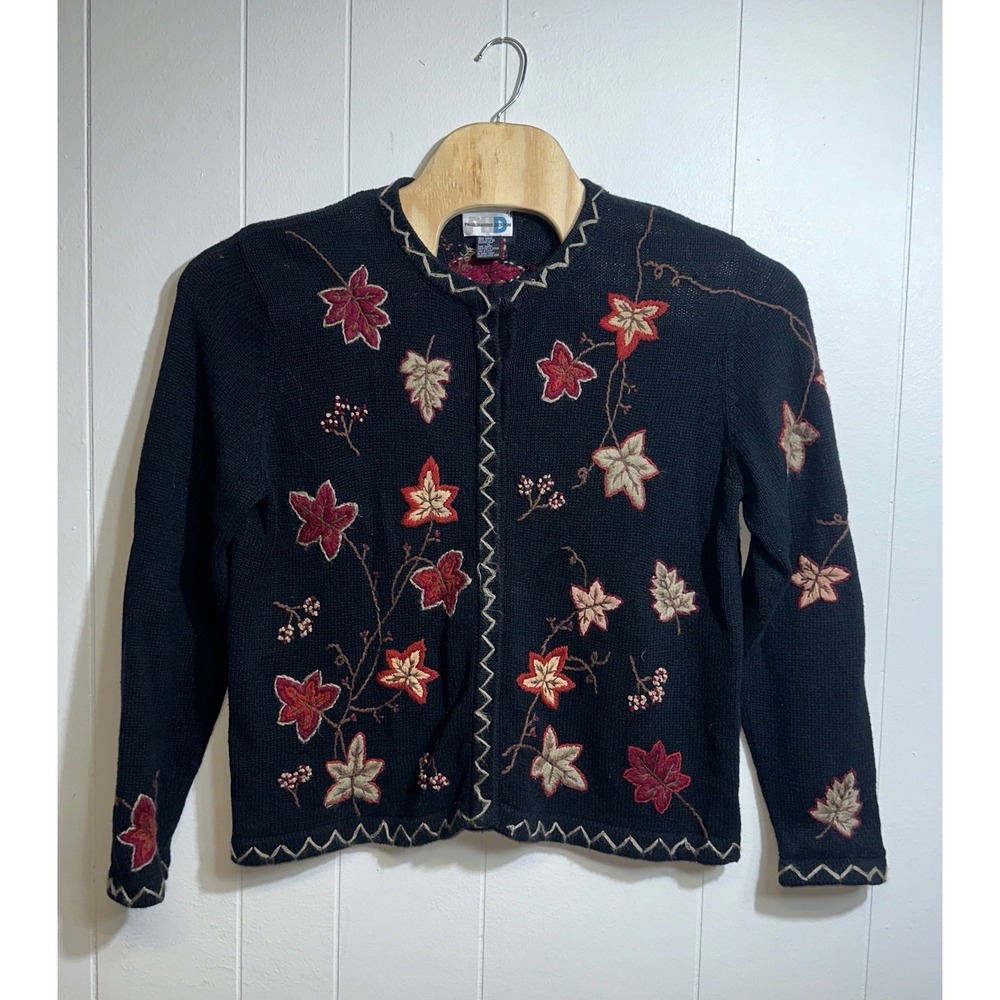 Paul Harris Design Embroidered Leaf Cardigan Sweater Cotton XL Vintage